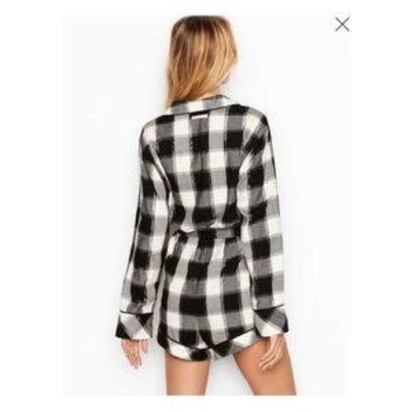 VICTORIA'S SECRET Plaid Romper Tie Back Black and White SOFT Flannel Size L - Picture 2 of 8